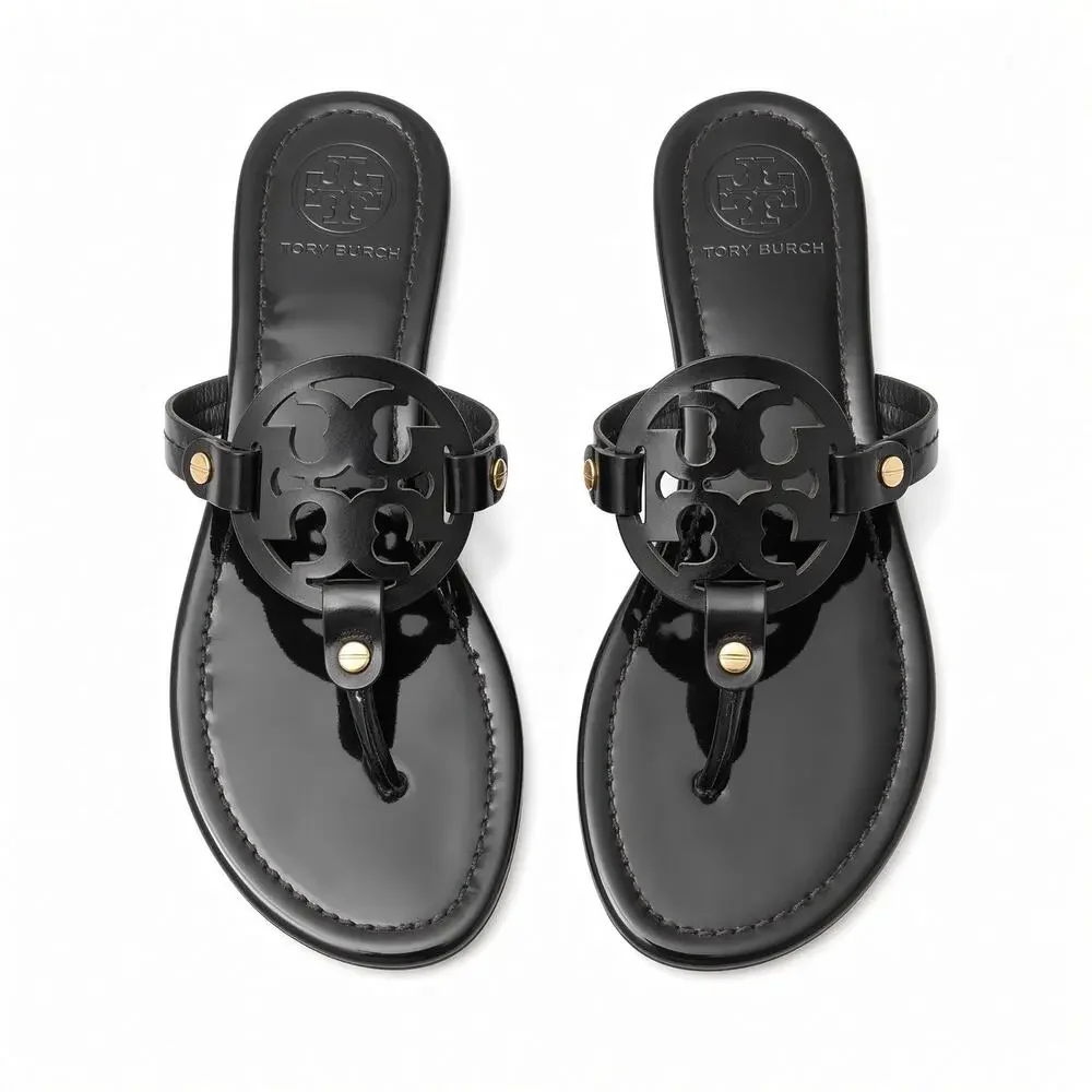 Tory Burch Miller Sandals Black Patent Leather Size 8.5
